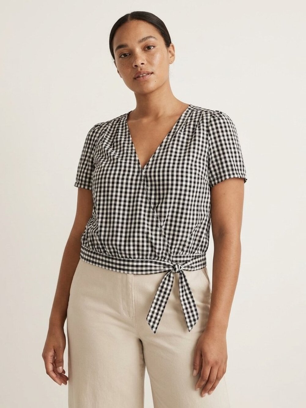 Madewell Gingham Wrap Top Women's Medium Black White Plaid Tie Front Blouse - Picture 2 of 6